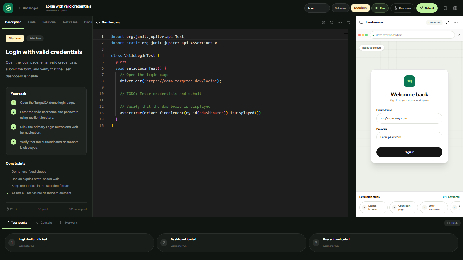 TargetQA challenge lab with editor, controls and live browser preview