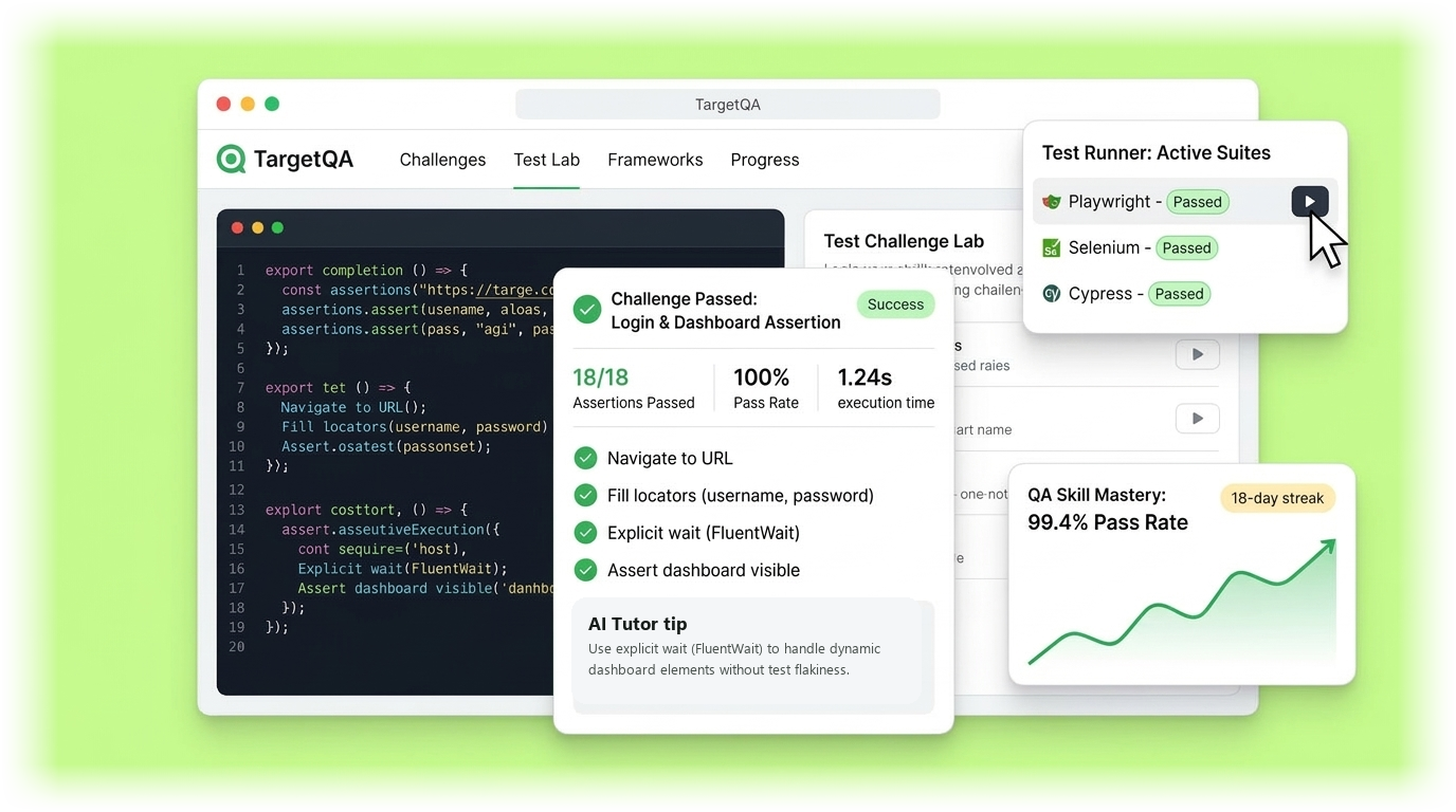 TargetQA learner dashboard with daily challenge and recommendations