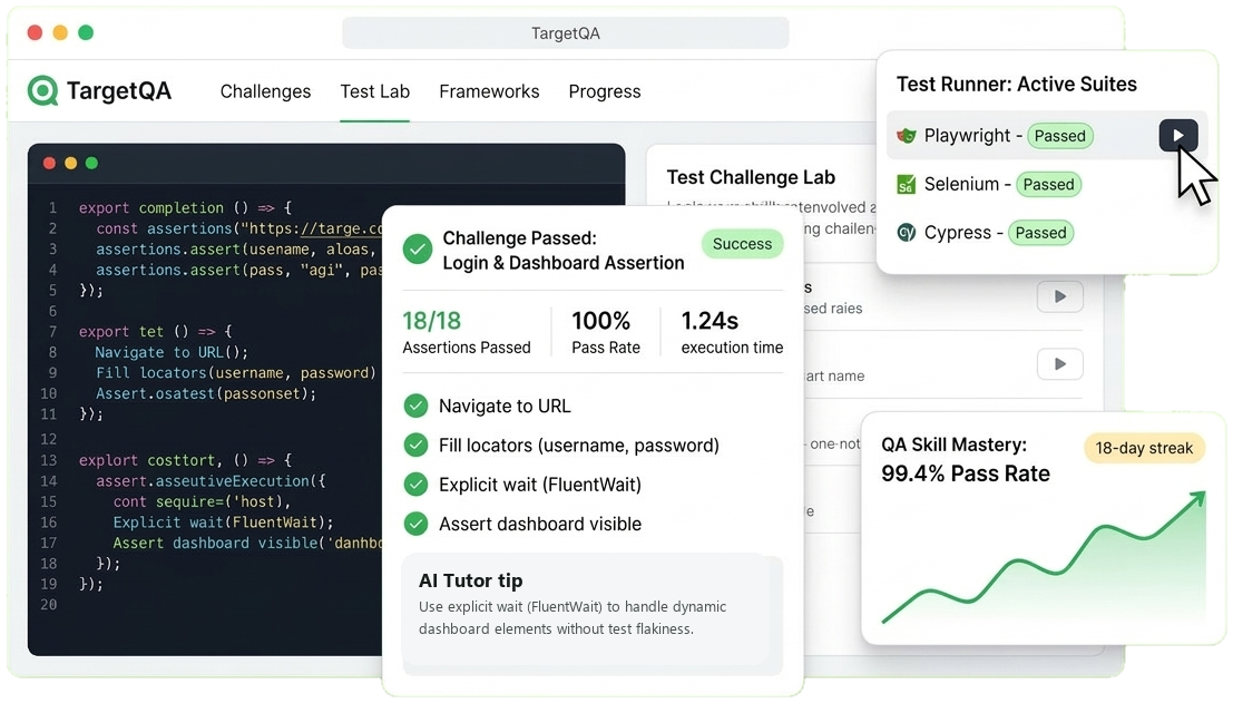 TargetQA test automation workspace: code editor, test challenge runner, and QA skill analytics